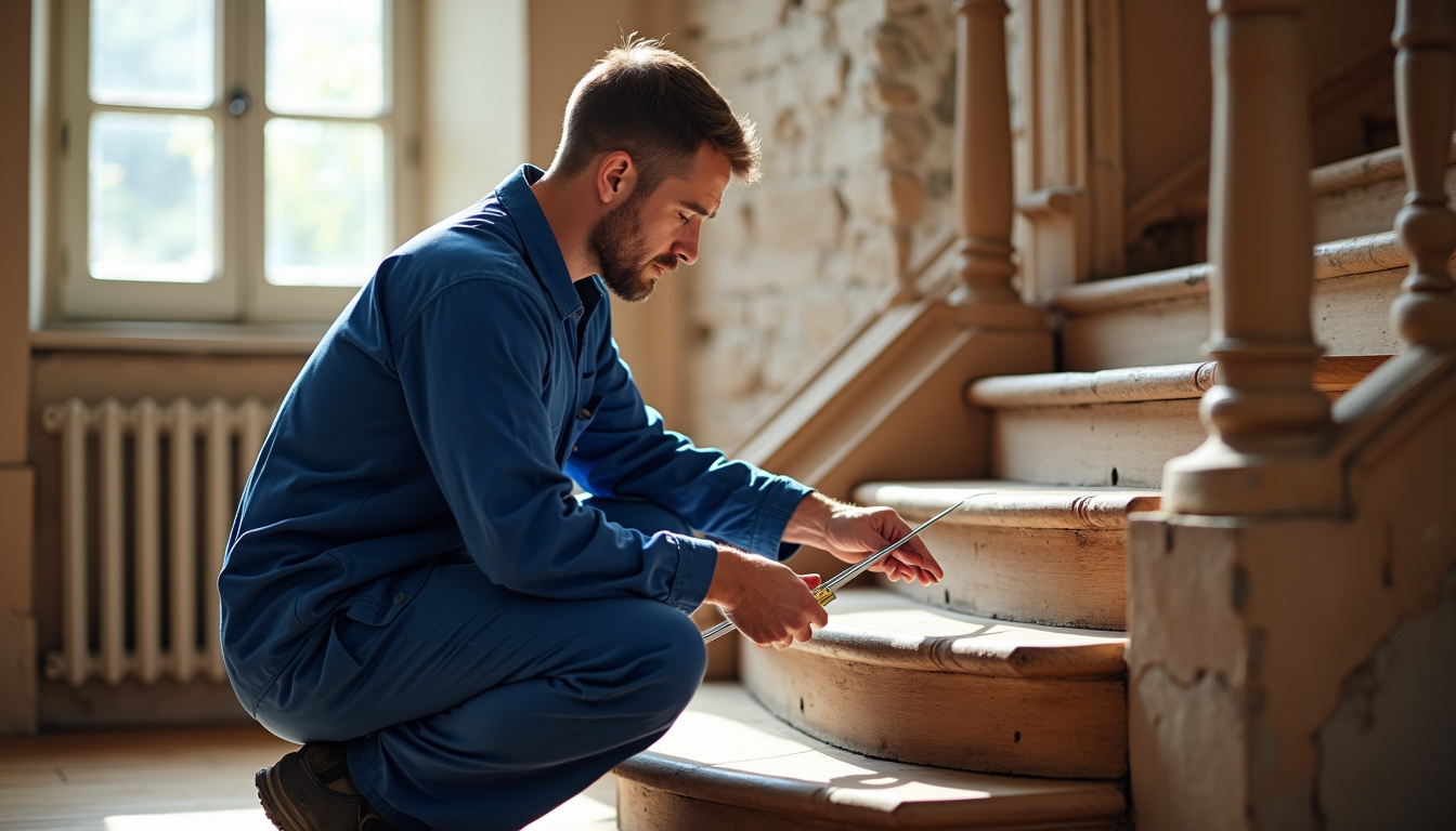 Technicien en train de mesurer un escalier tournant pour l