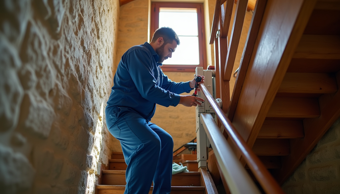 Technicien en train de nettoyer et vérifier un monte-escalier à Gavray-sur-Sienne