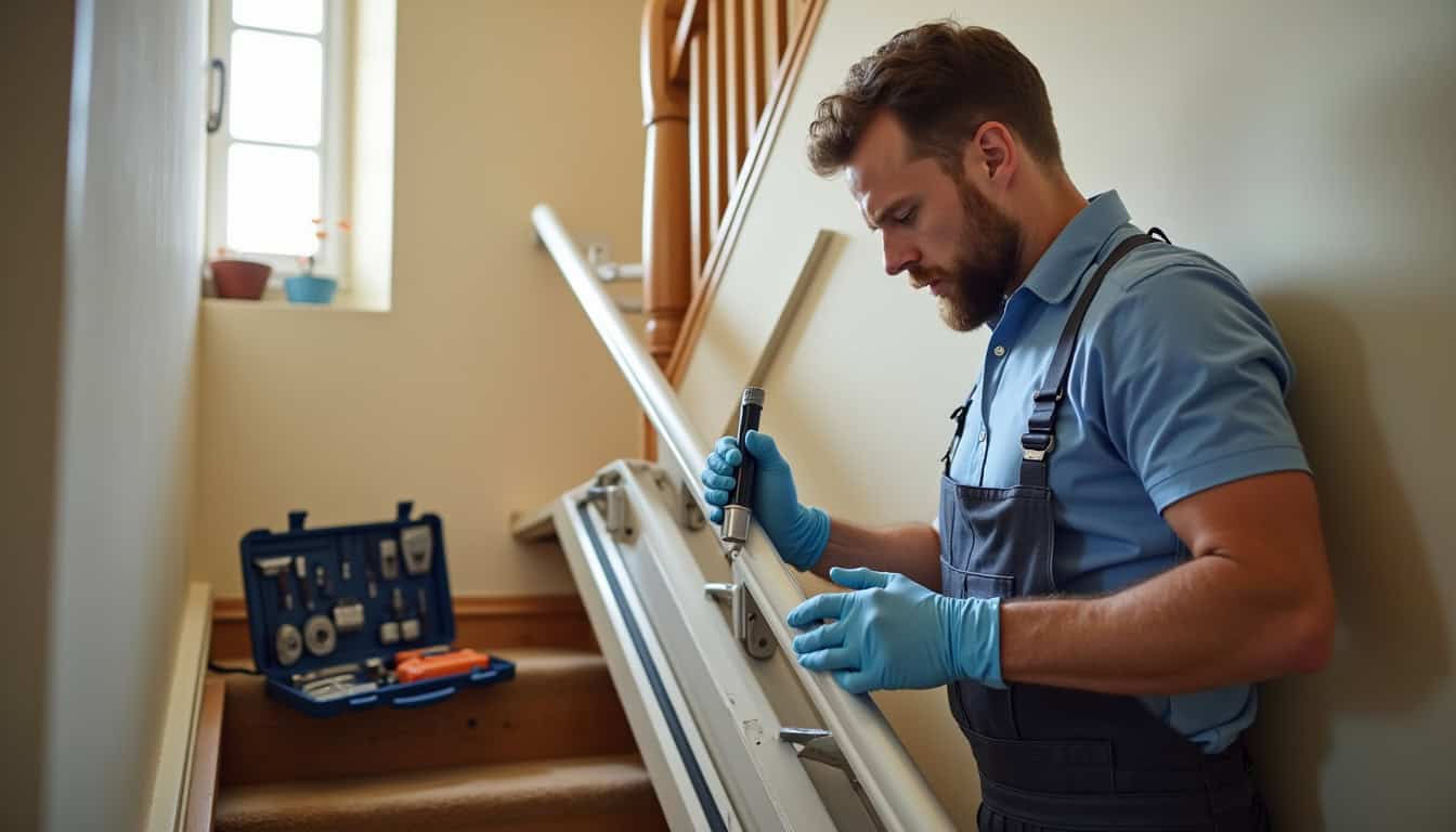 Technicien en train de nettoyer le rail d’un monte-escalier lors d’une visite d’entretien annuelle