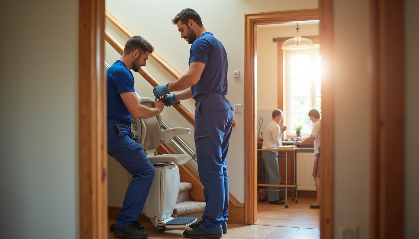 Technicien en train de poser un monte-escalier dans une maison à Panissières
