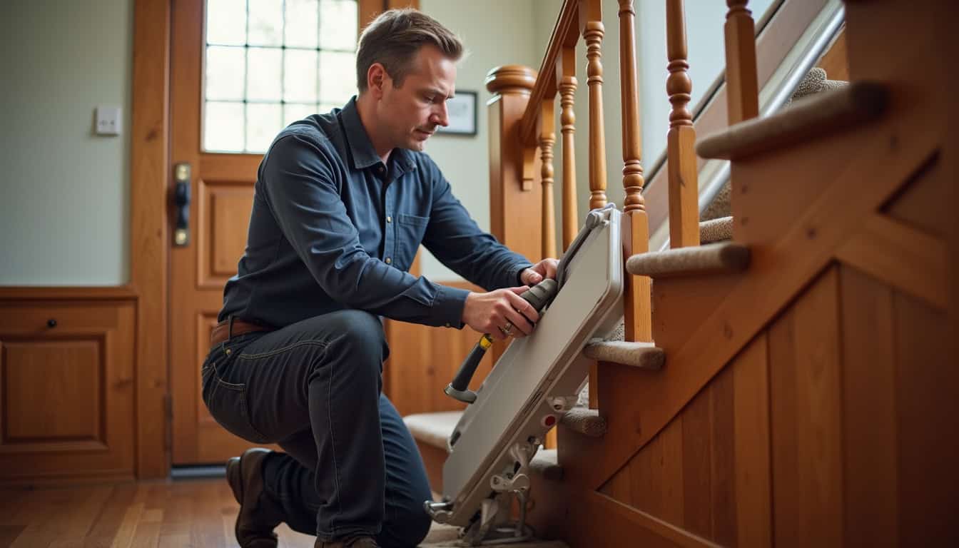 Technicien en train de poser un monte-escalier dans une maison typique de Ruaudin