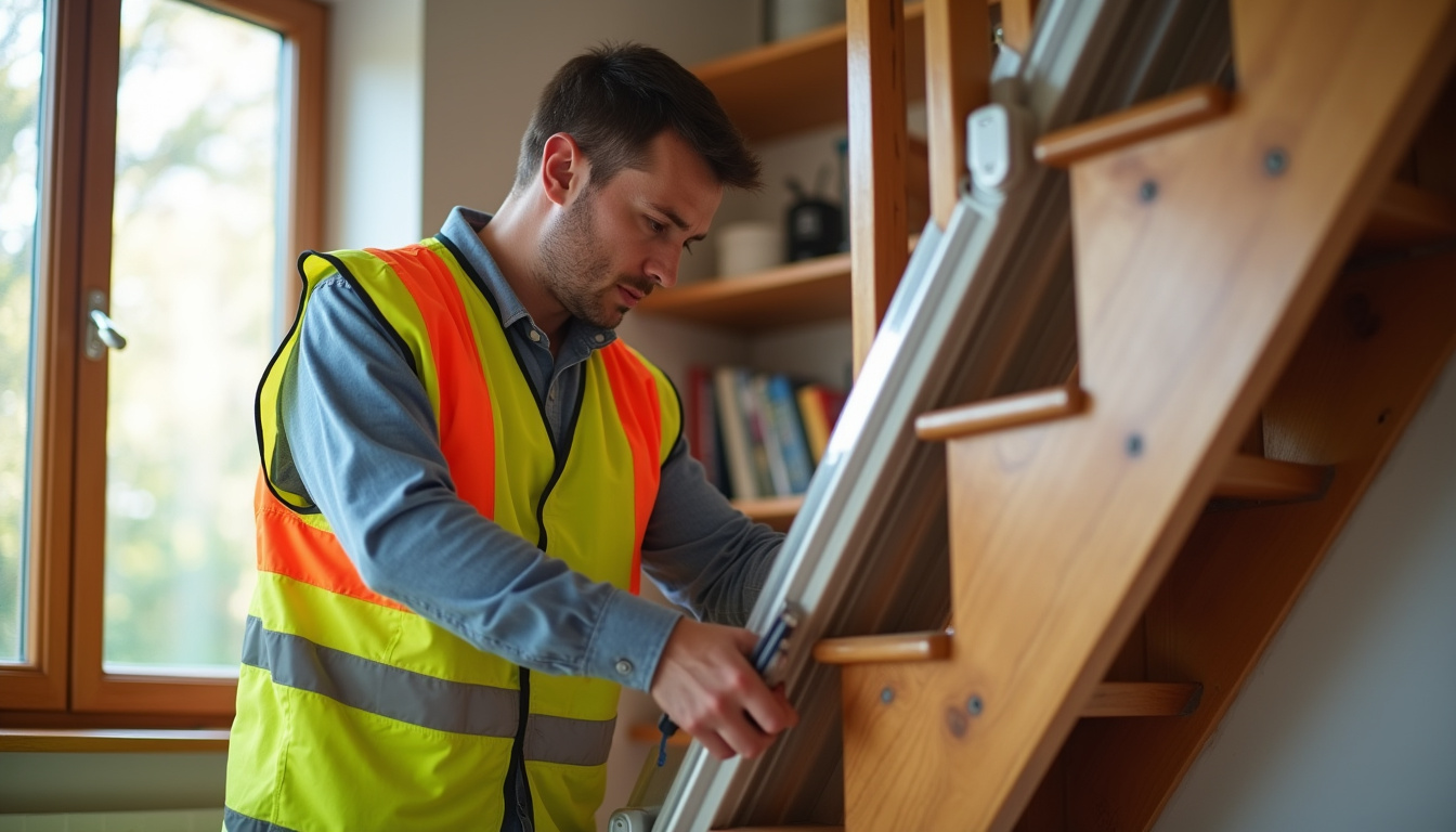 Technicien en train de poser un rail de monte-escalier dans une maison de Bourgvallées