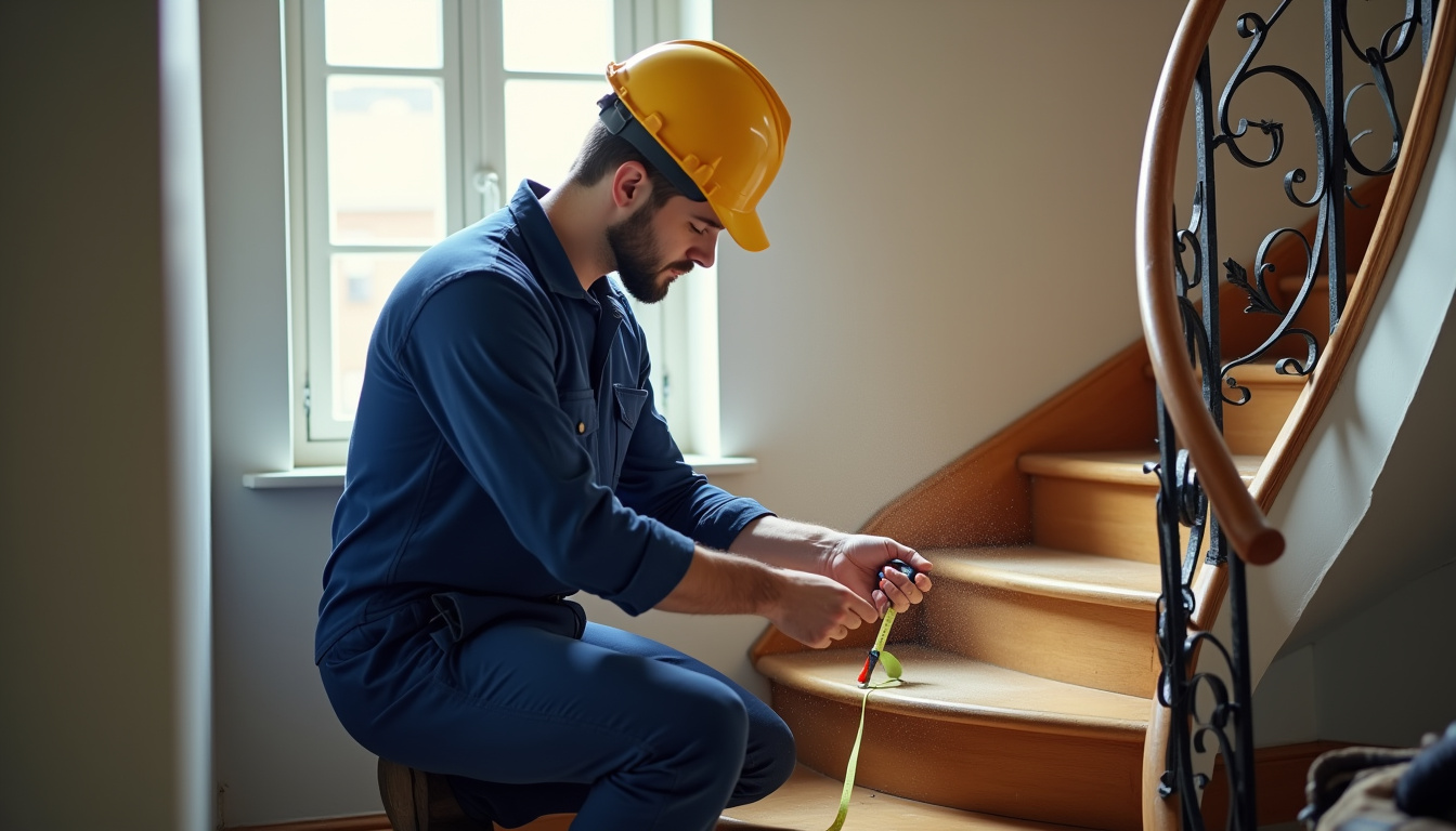 Technicien en train de prendre des mesures sur un escalier pour établir un devis personnalisé