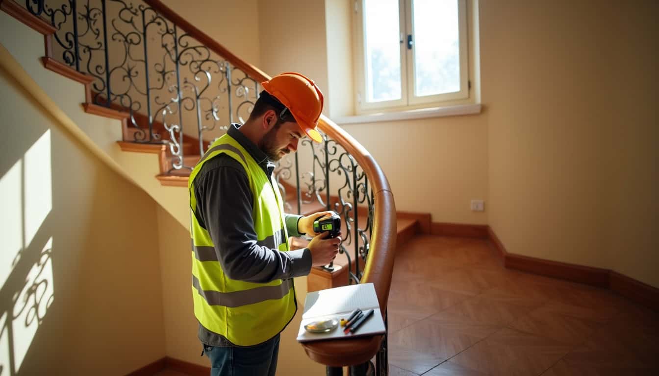 Technicien en train de prendre les mesures d’un escalier à La Mure pour l’installation d’un monte-escalier tournant