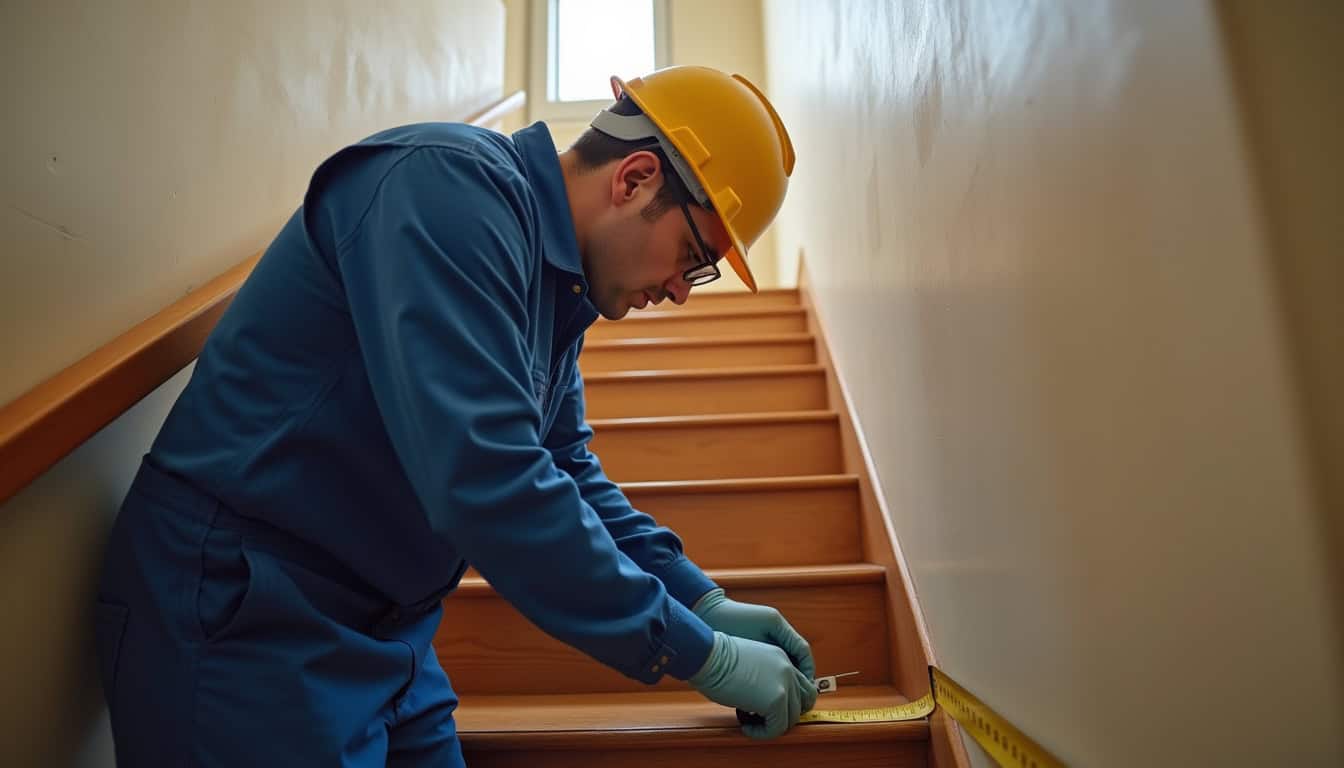 Technicien en train de prendre les mesures d’un escalier pour une installation de monte-escalier à Évry-Grégy-sur-Yerre