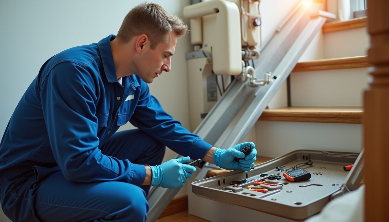 Technicien en train de procéder à l’entretien d’un monte-escalier, avec outils et tableau de contrôle