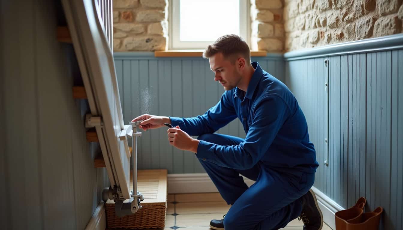 Technicien en train de réaliser l’entretien d’un monte-escalier dans une habitation du Finistère