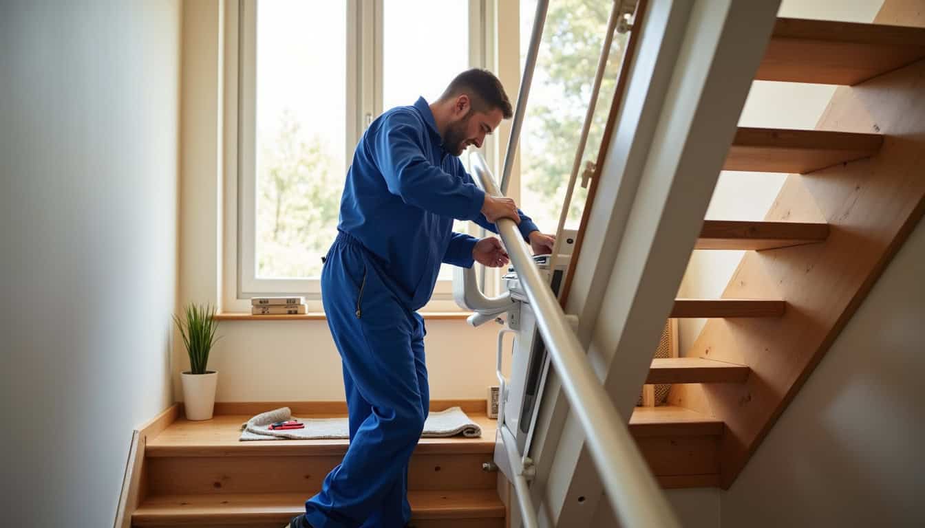 Technicien en train de réaliser un entretien de monte-escalier à Seyches