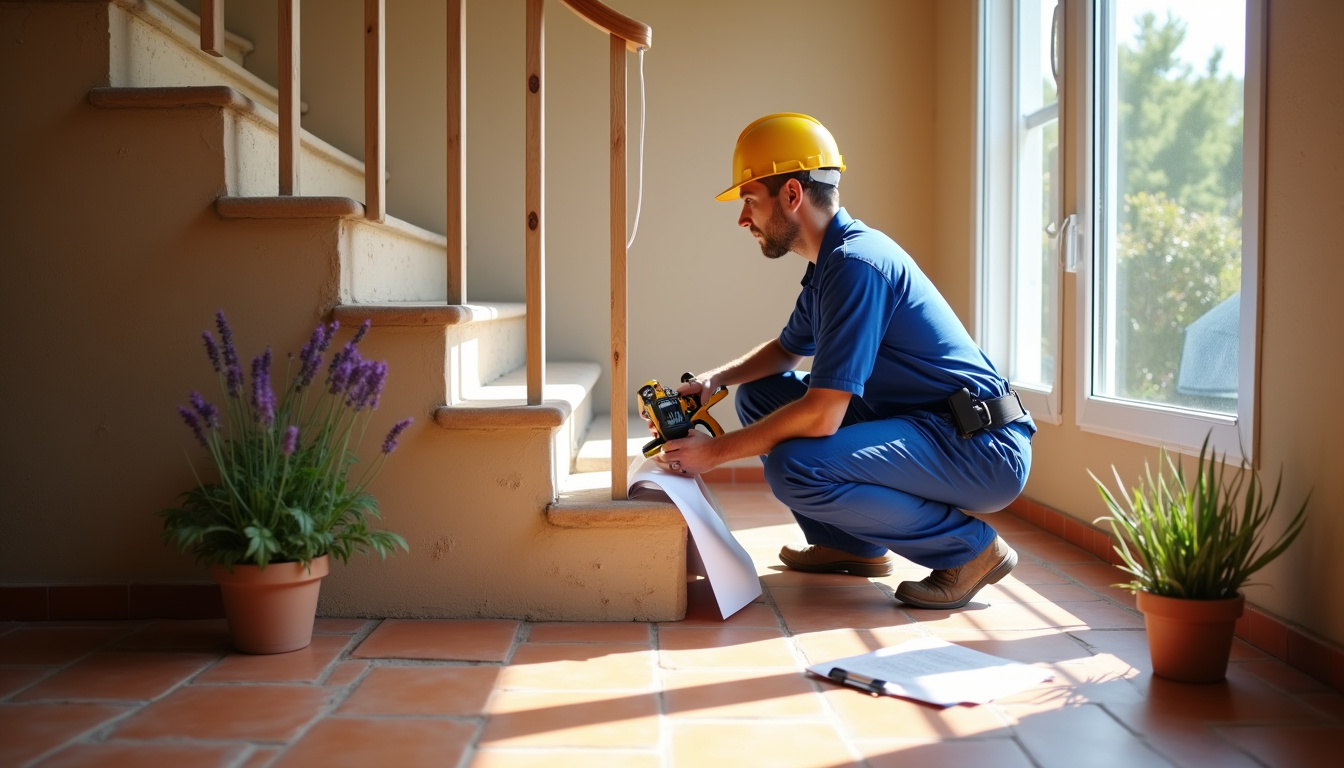 Technicien en train de réaliser une étude de faisabilité pour un monte-escalier dans une maison à Robion
