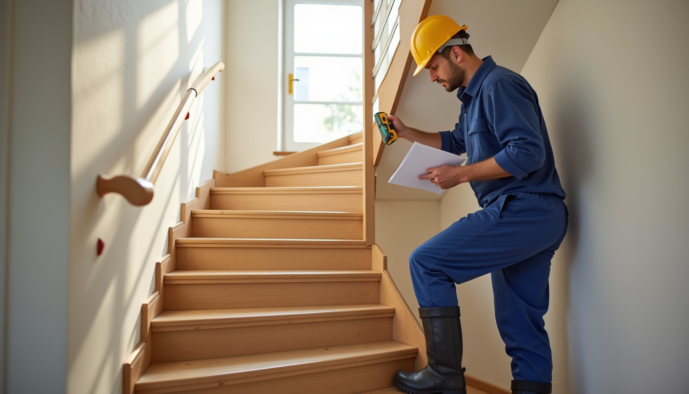 Technicien en train de réaliser une étude technique pour un monte-escalier à Martinvast