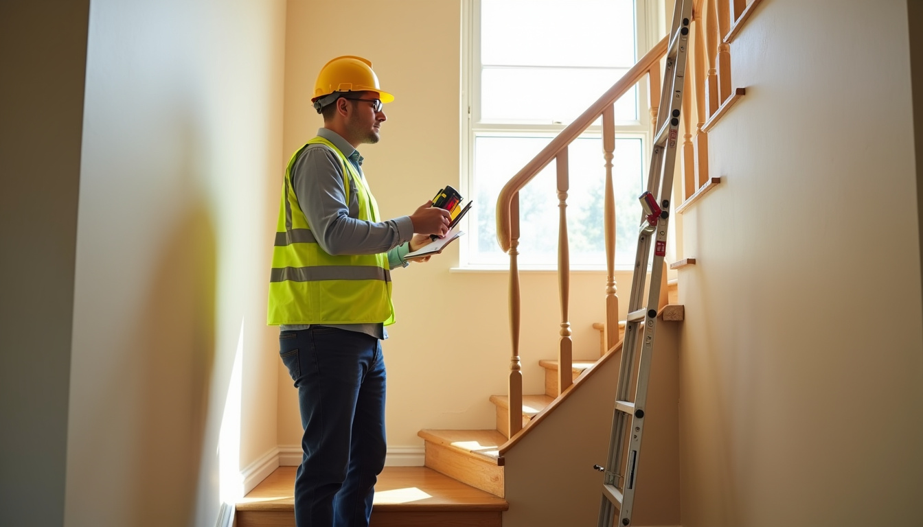 Technicien en train de réaliser une étude technique pour un monte-escalier dans une maison