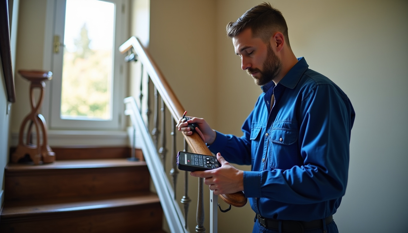 Technicien en train de tester les dispositifs de sécurité d’un monte-escalier à Charentilly