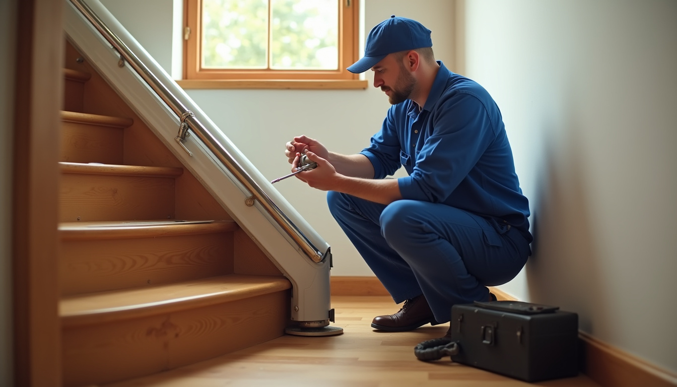 Technicien en train de vérifier le bon fonctionnement d’un monte-escalier à Pommeret