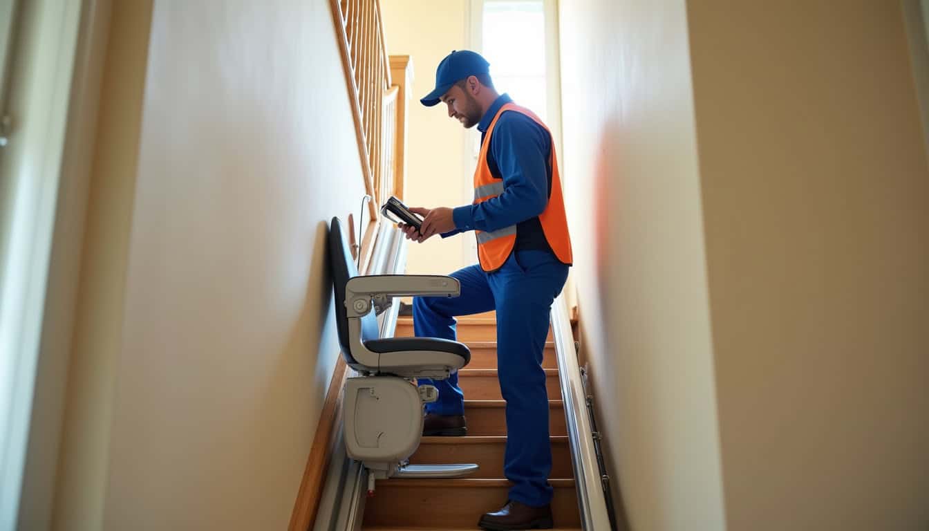Technicien en train de vérifier le bon fonctionnement d’un monte-escalier à Vergigny
