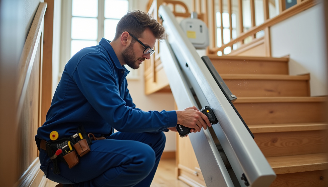 Technicien en train de vérifier le bon fonctionnement d’un monte-escalier lors d’une visite d’entretien