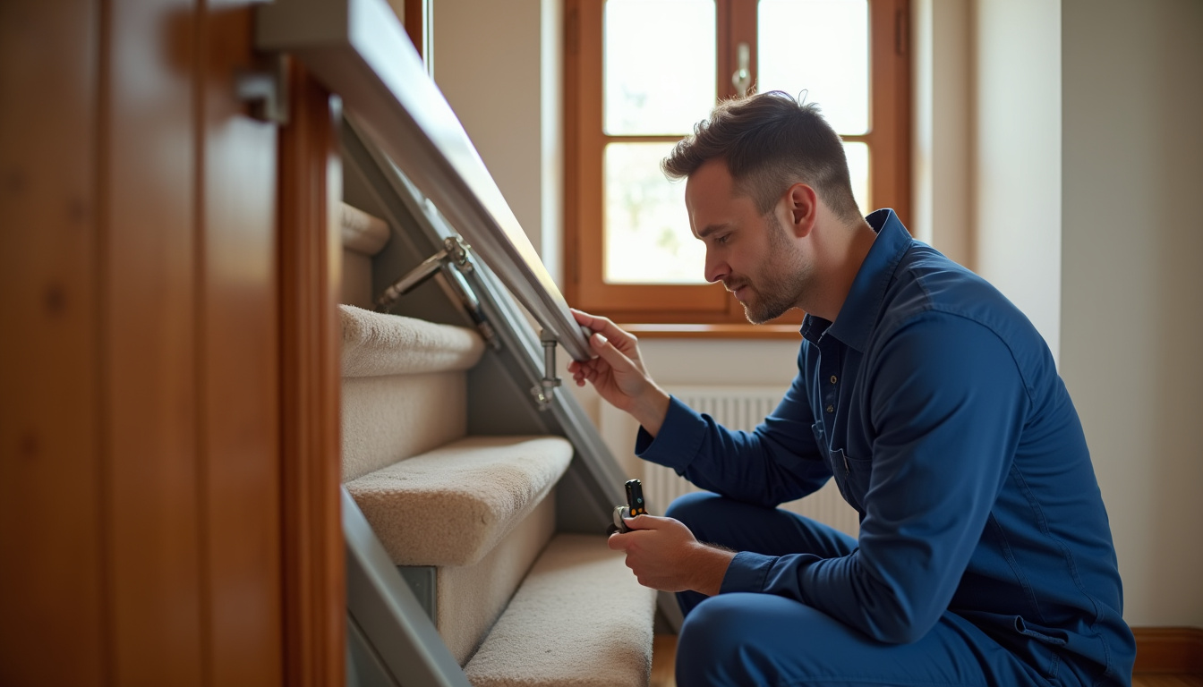 Technicien en train de vérifier le fonctionnement d’un monte-escalier à Laizé