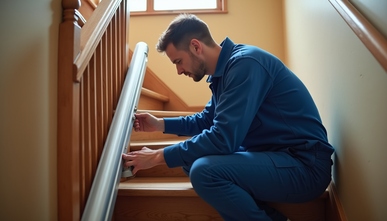 Technicien en train de vérifier le fonctionnement d’un monte-escalier à Saint-Hilaire-du-Rosier
