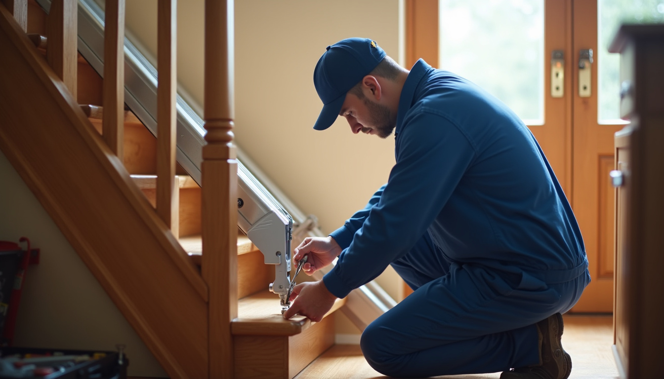 Technicien en train de vérifier le fonctionnement d’un monte-escalier dans une maison à Cléder