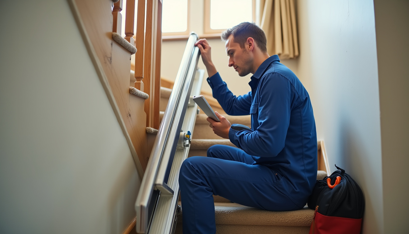 Technicien en train de vérifier le fonctionnement d’un monte-escalier dans une maison de Saint-Parres-aux-Tertres