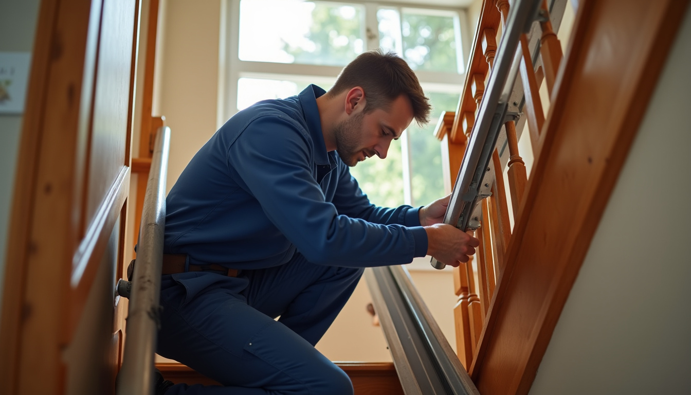 Technicien en train de vérifier le fonctionnement d’un monte-escalier lors d’une maintenance annuelle