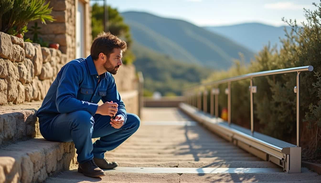 Technicien en train de vérifier le rail d’un monte-escalier extérieur à Ventiseri
