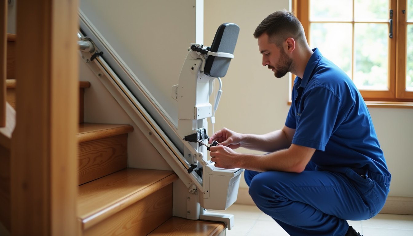 Technicien en train de vérifier les composants d’un monte-escalier lors d’une visite d’entretien à Plérin