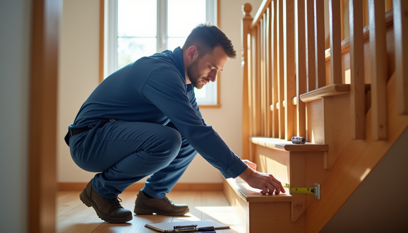 Technicien en train de vérifier les mesures d’un escalier avant installation à La Rivière-Saint-Sauveur