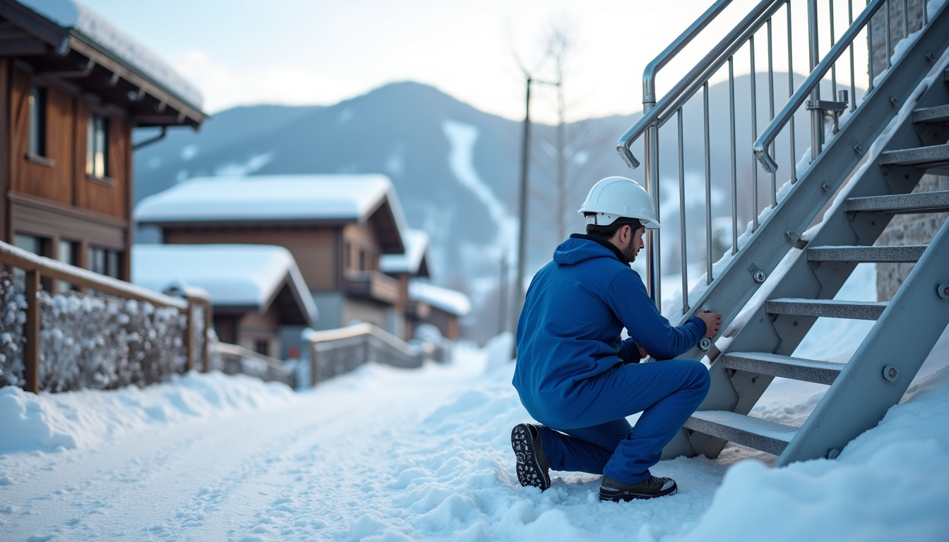 Technicien en train de vérifier les rails d’un monte-escalier à Les Deux Alpes