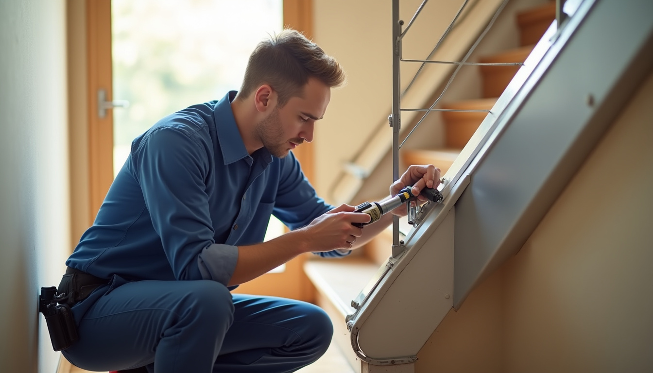 Technicien en train de vérifier les rails d’un monte-escalier à Roura