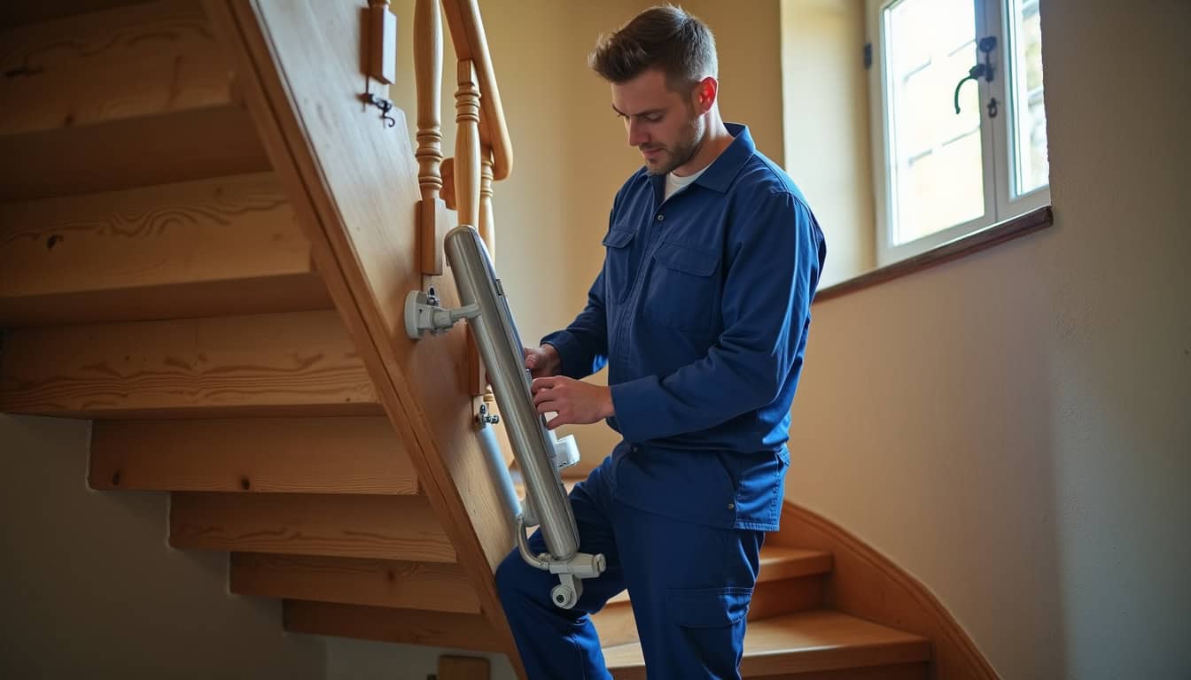 Technicien en train de vérifier l’installation d’un monte-escalier à Montignac-Lascaux