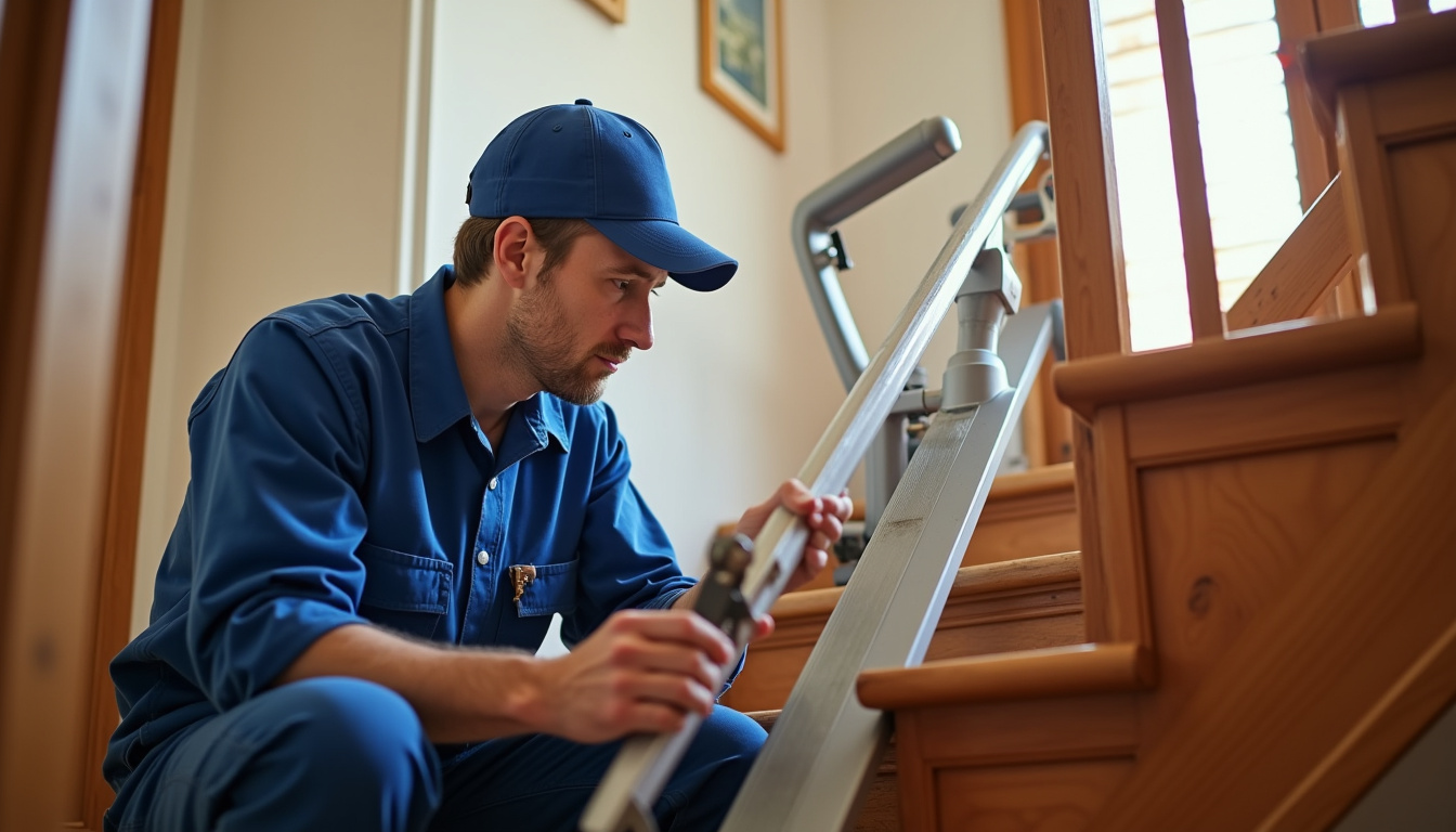 Technicien en train de vérifier un monte-escalier à Condé-sur-l