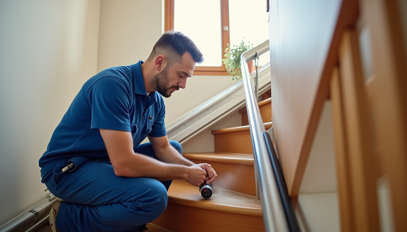Technicien en train de vérifier un monte-escalier à Feyzin