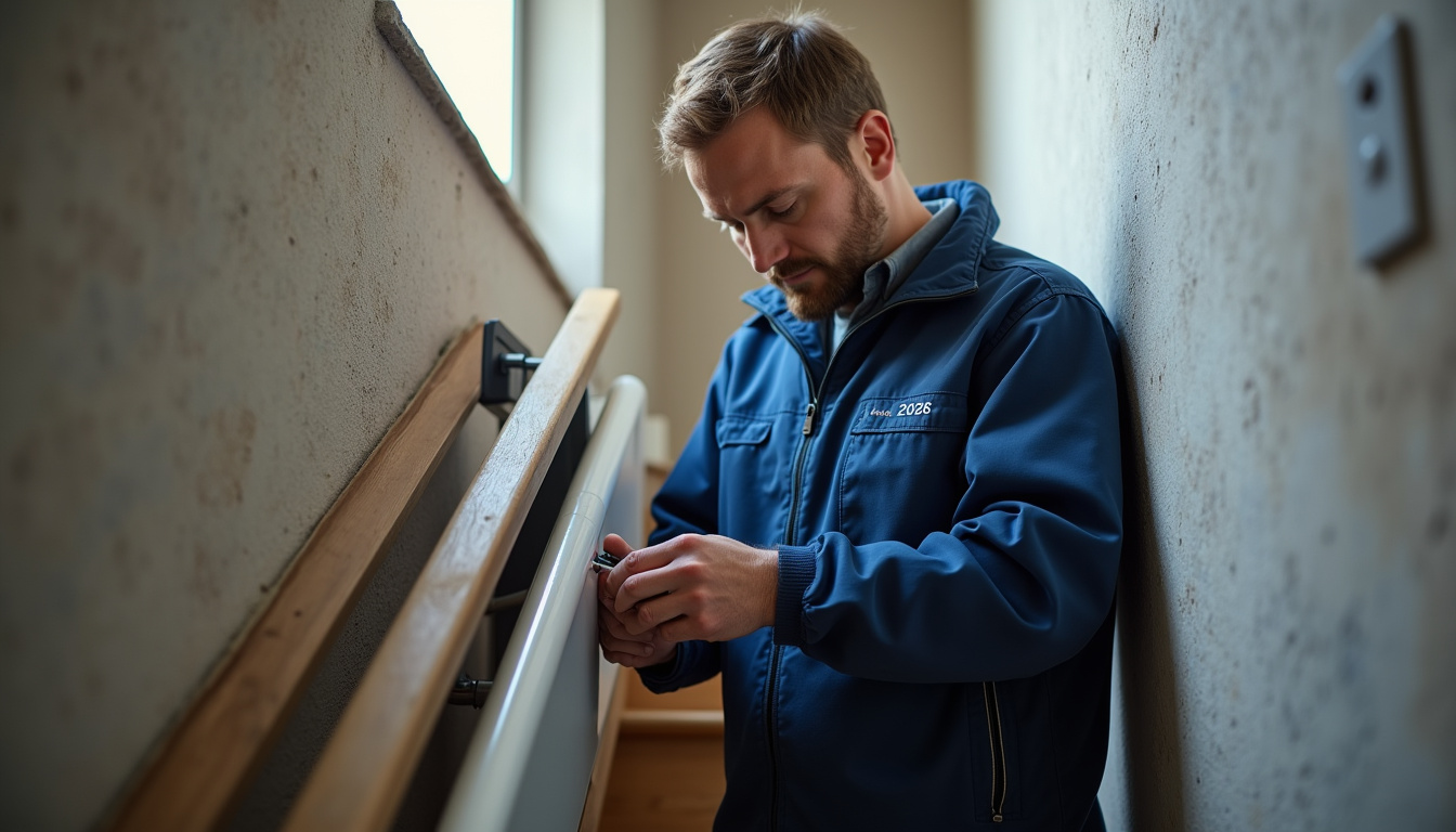 Technicien en train de vérifier un monte-escalier à Hennebont lors d