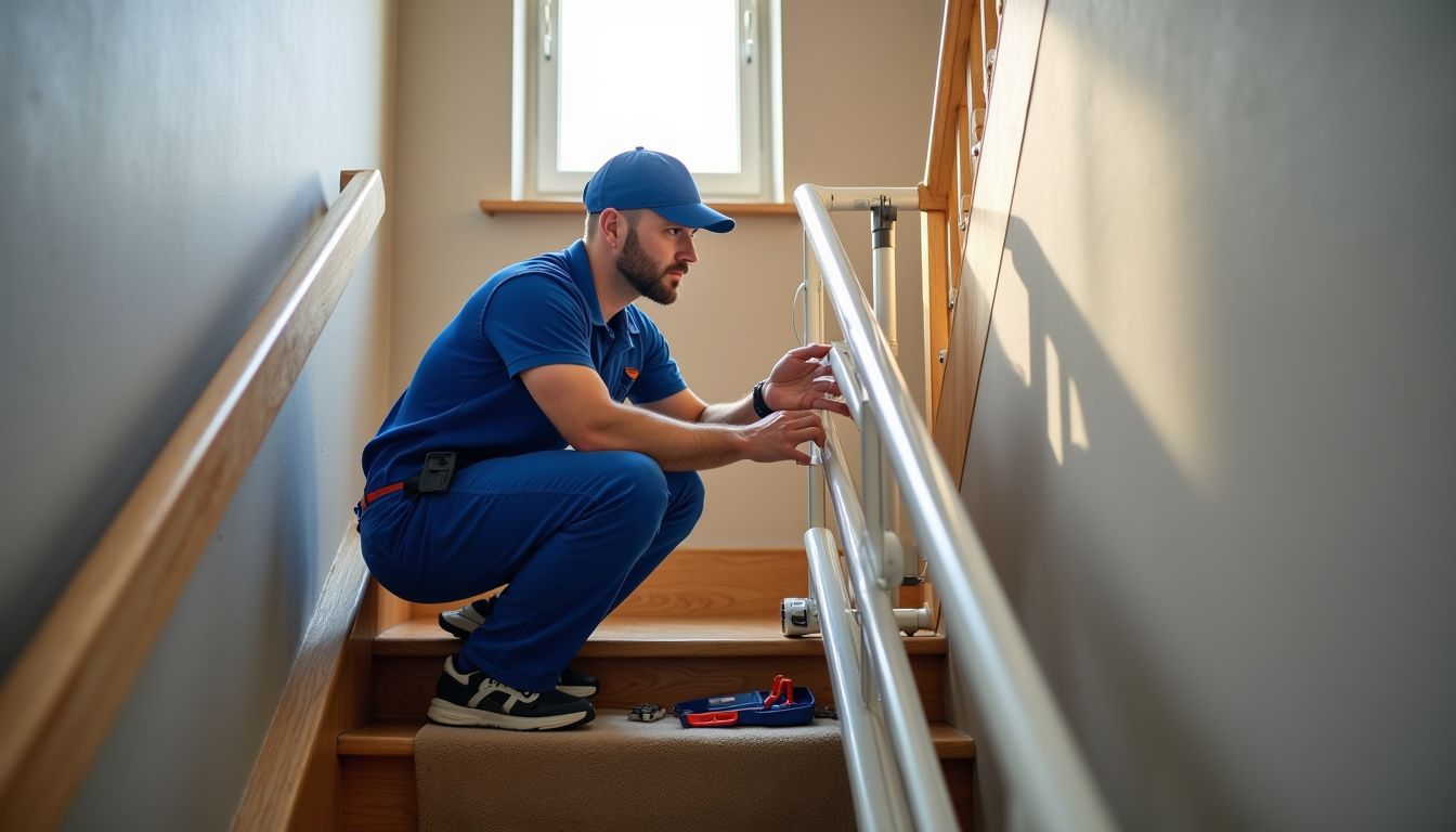 Technicien en train de vérifier un monte-escalier à La Roche-sur-Foron