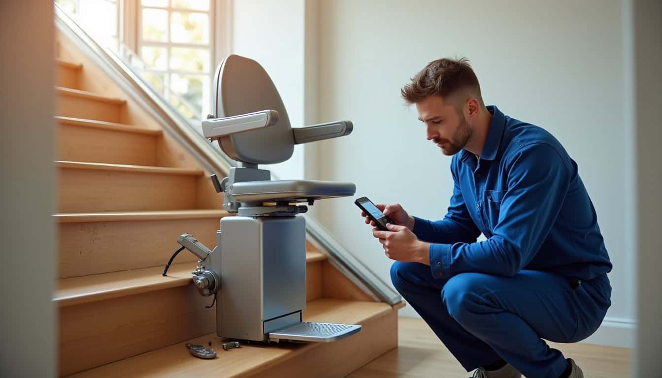 Technicien en train de vérifier un monte-escalier à Mirambeau