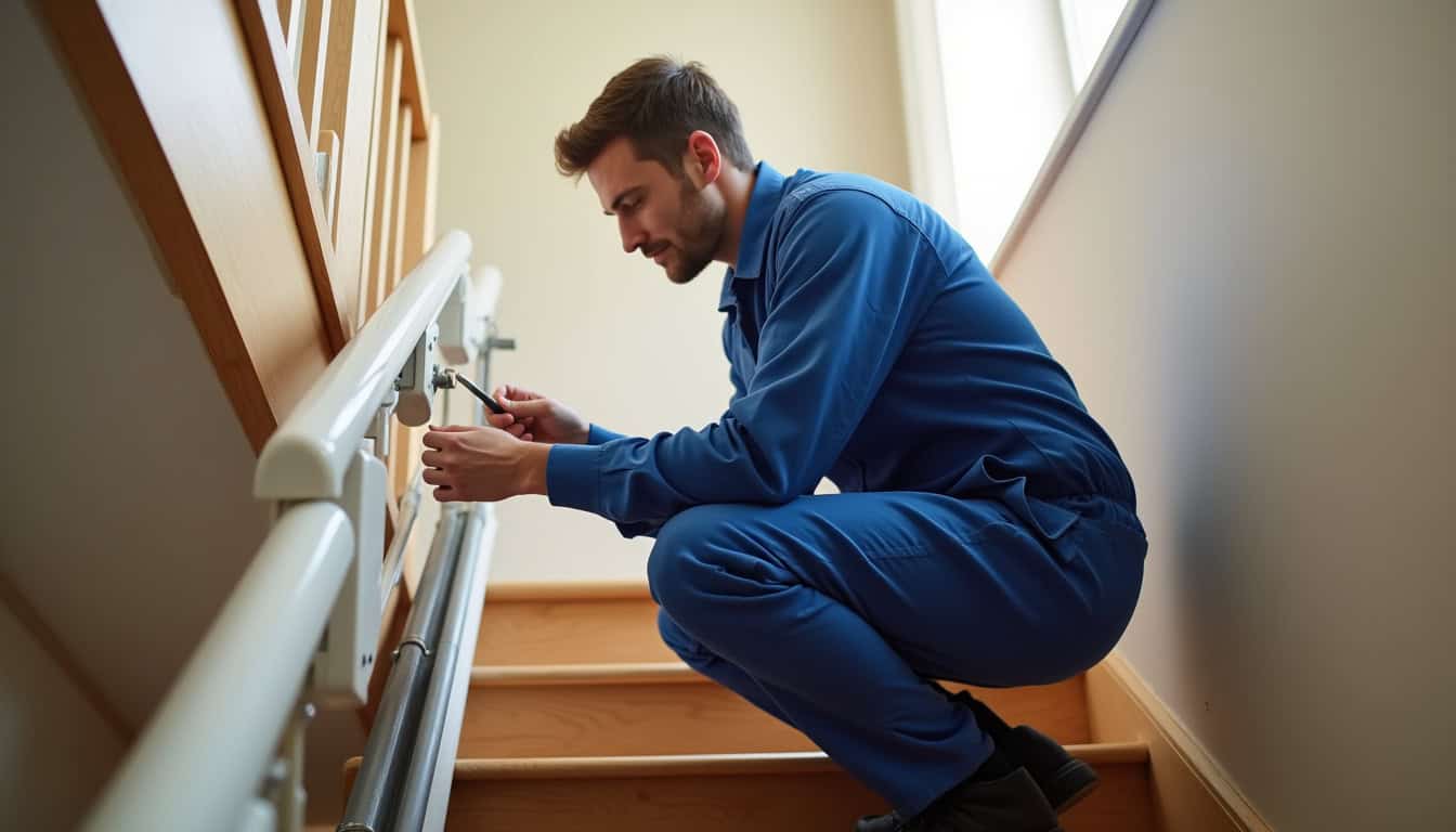 Technicien en train de vérifier un monte-escalier à Saint-Hilaire-le-Vouhis