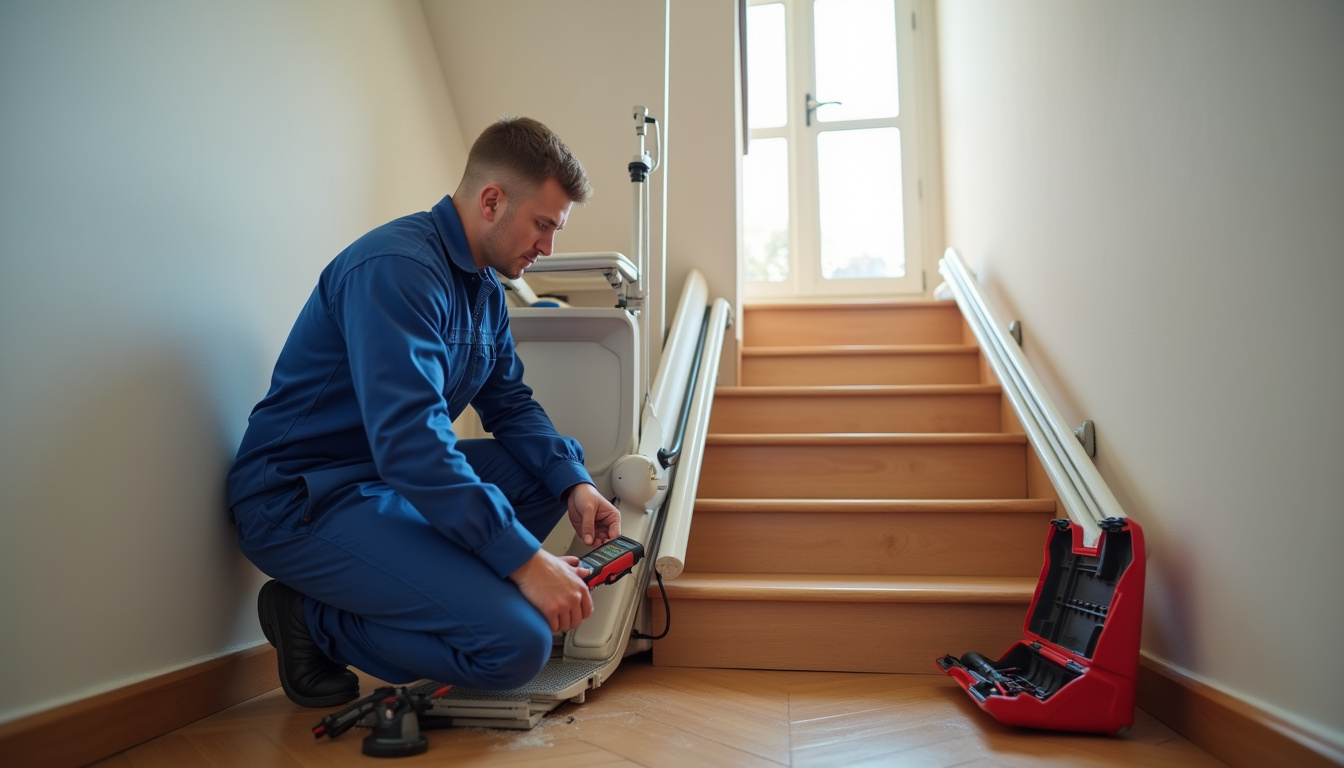 Technicien en train de vérifier un monte-escalier à Viennay