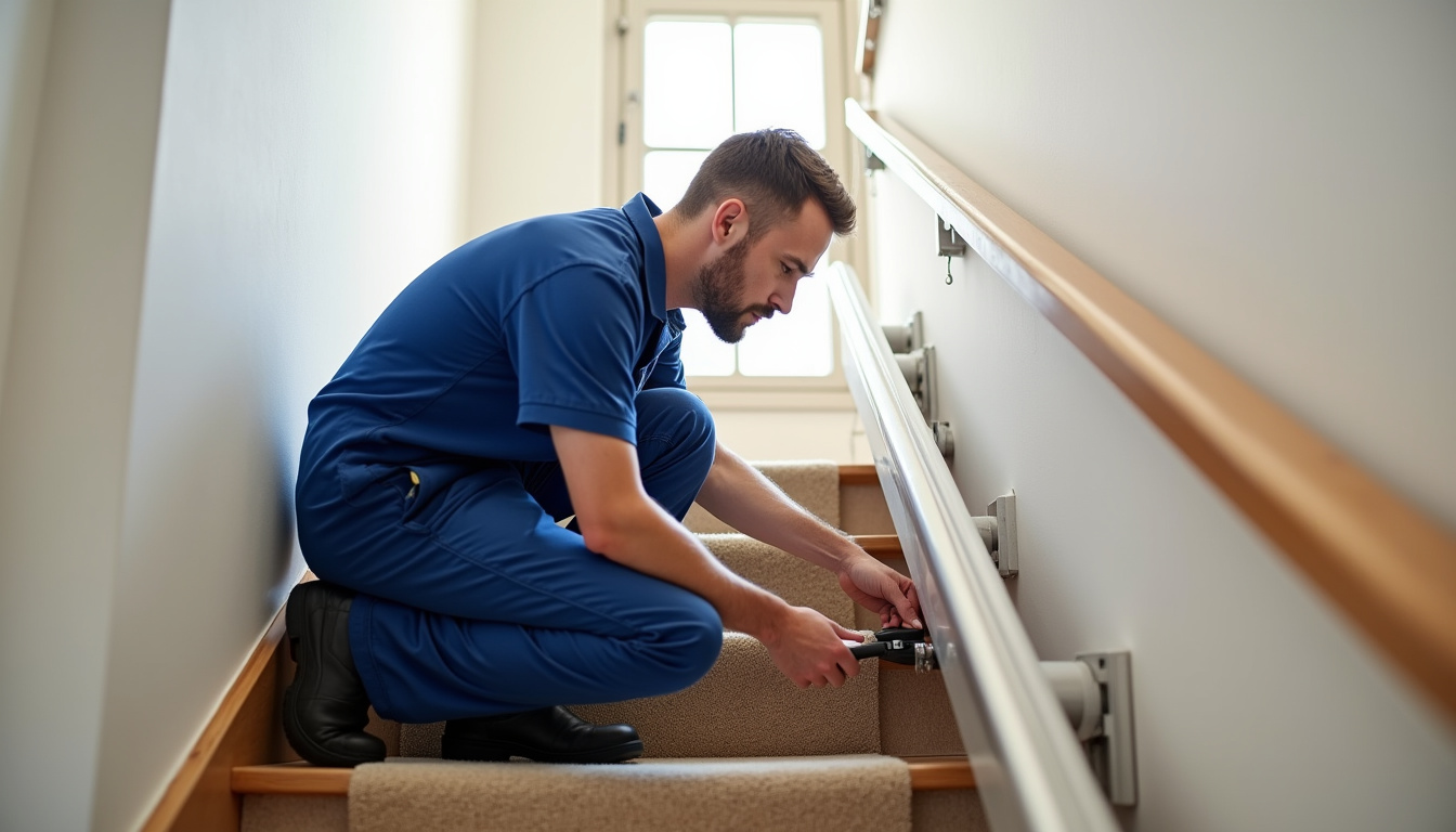 Technicien en train de vérifier un monte-escalier à Wizernes