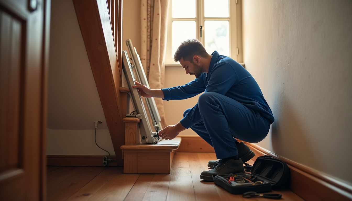 Technicien en train de vérifier un monte-escalier dans une maison à Jumièges