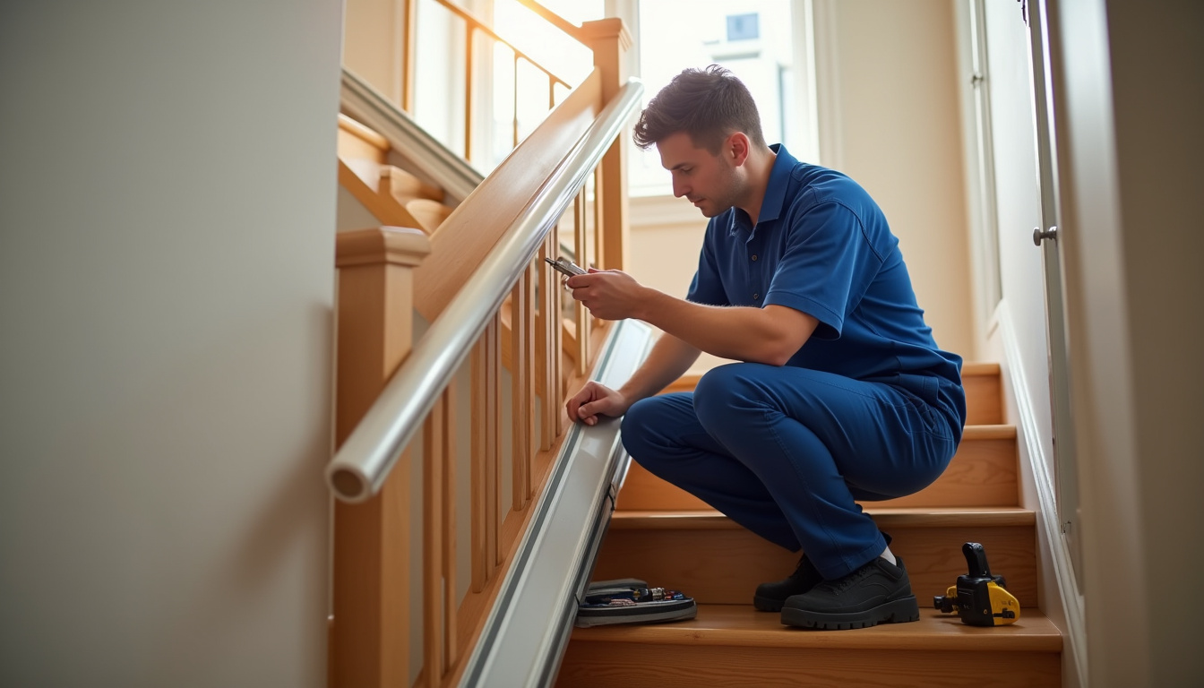 Technicien en train de vérifier un monte-escalier dans une maison à Saint-Martin-d