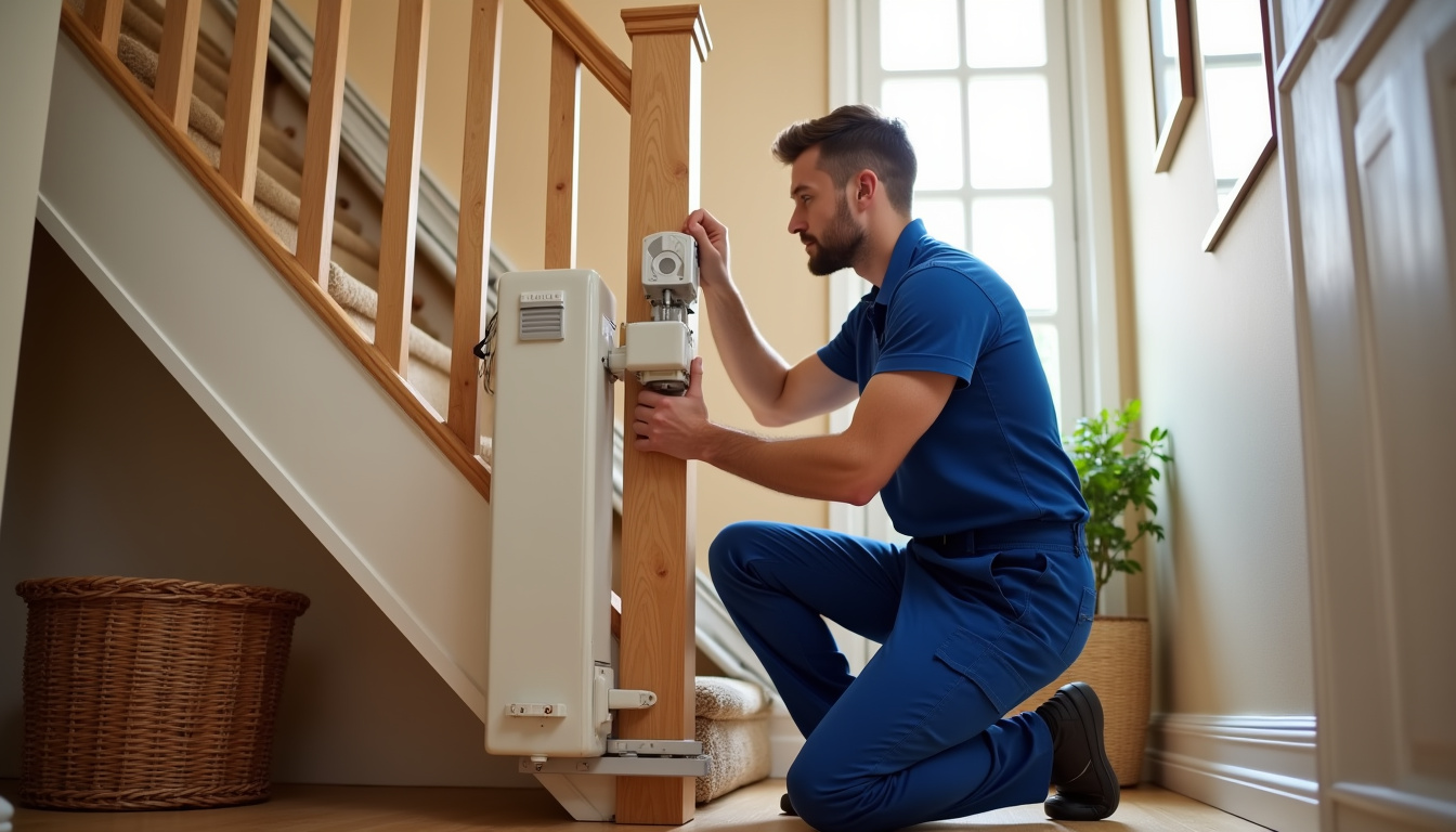 Technicien en train de vérifier un monte-escalier en situation réelle