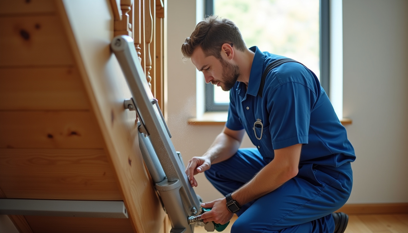 Technicien en train de vérifier un monte-escalier lors d