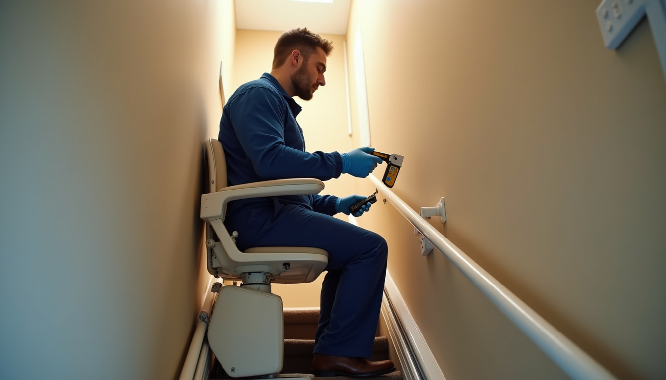 Technicien en train de vérifier un monte-escalier lors d