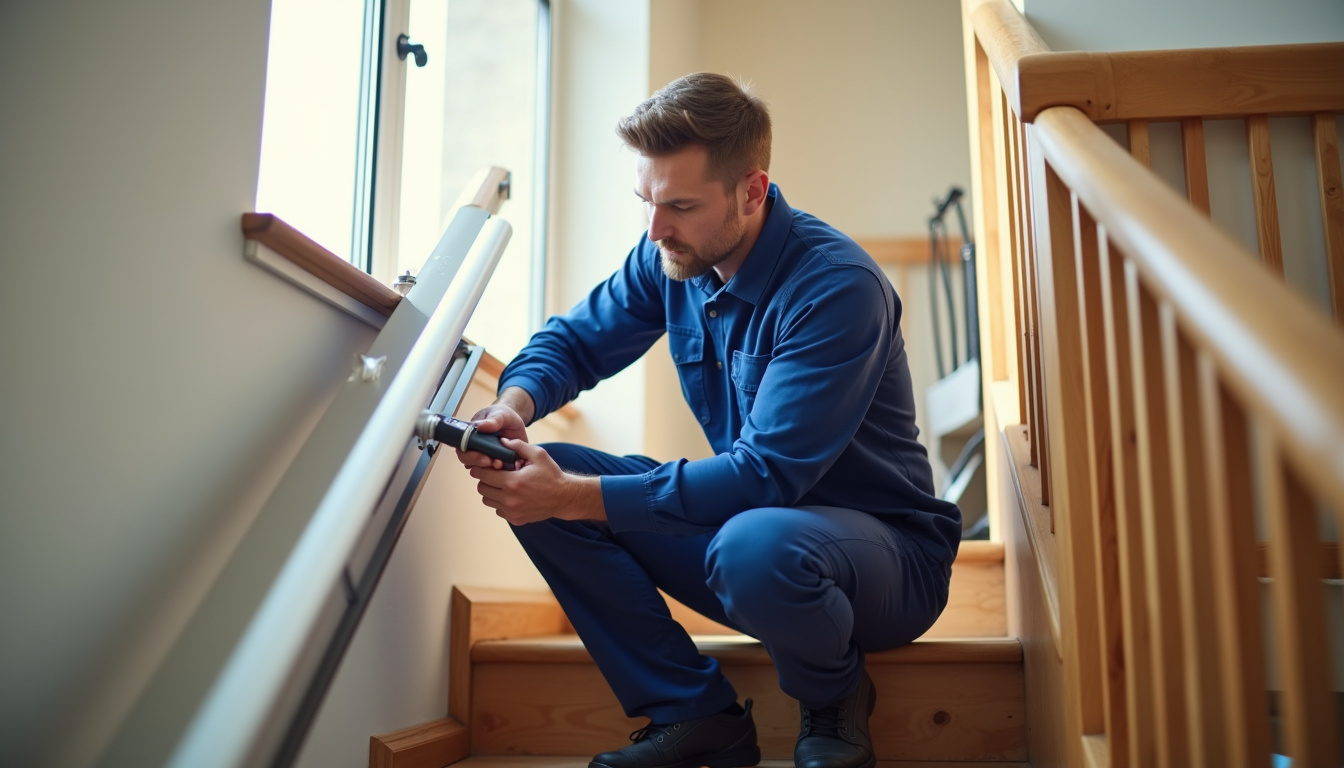 Technicien en train de vérifier un monte-escalier lors d