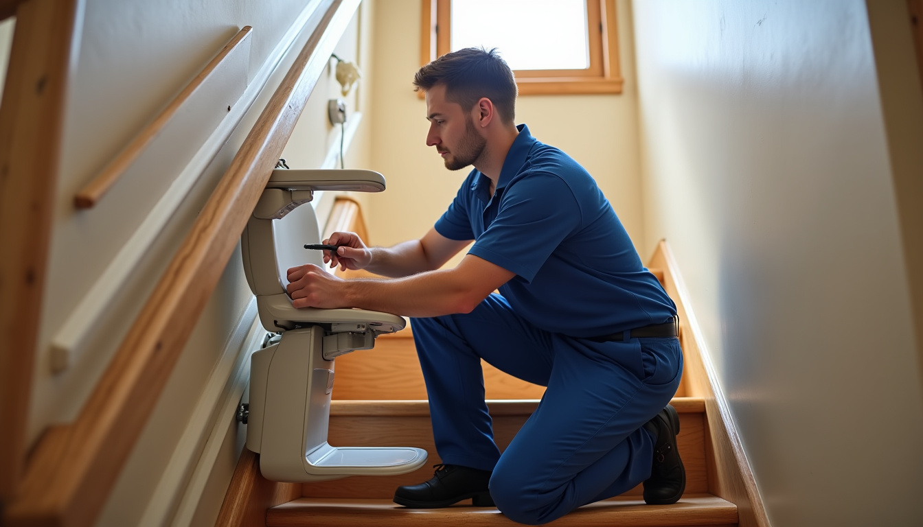 Technicien en train de vérifier un monte-escalier lors d