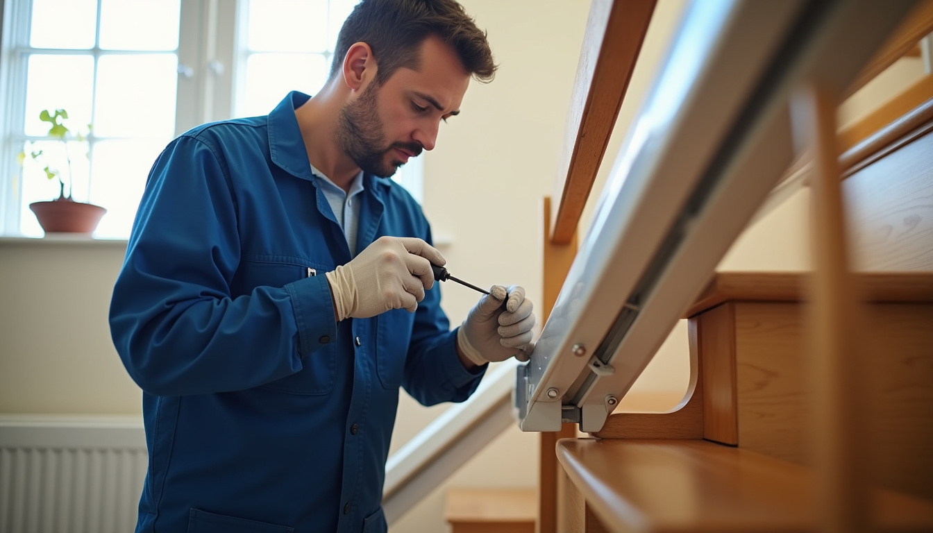 Technicien en train de vérifier un monte-escalier lors d