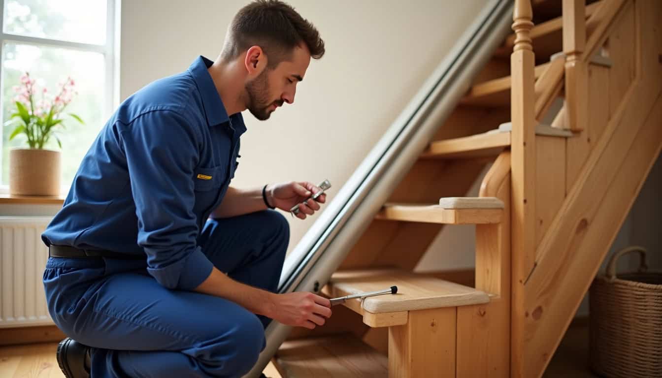 Technicien en train de vérifier un monte-escalier lors d’une intervention de maintenance à Allouis