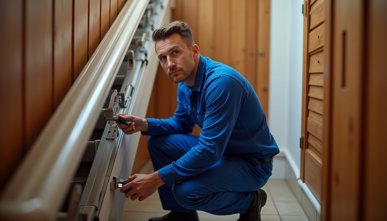 Technicien en train de vérifier un monte-escalier lors d’une intervention de maintenance à domicile