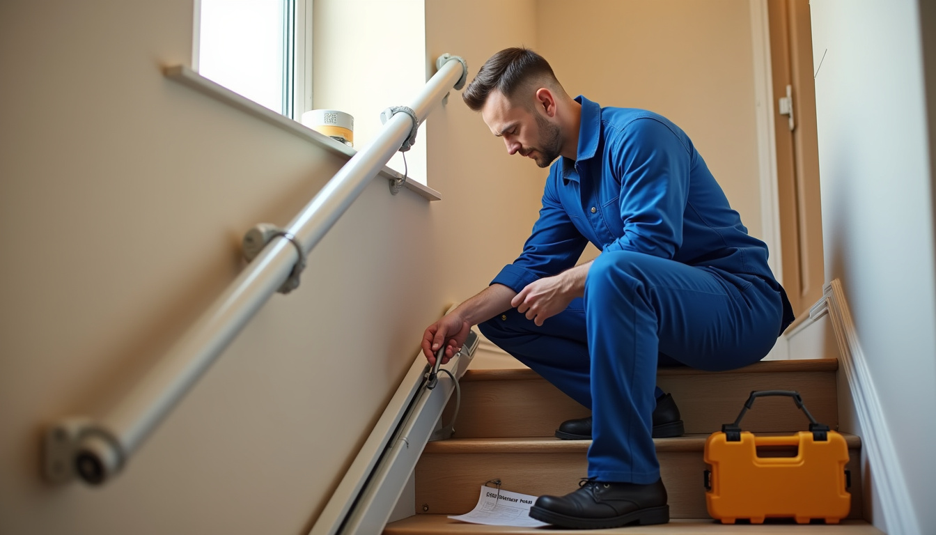 Technicien en train de vérifier un monte-escalier lors d’une intervention de maintenance à Précigné