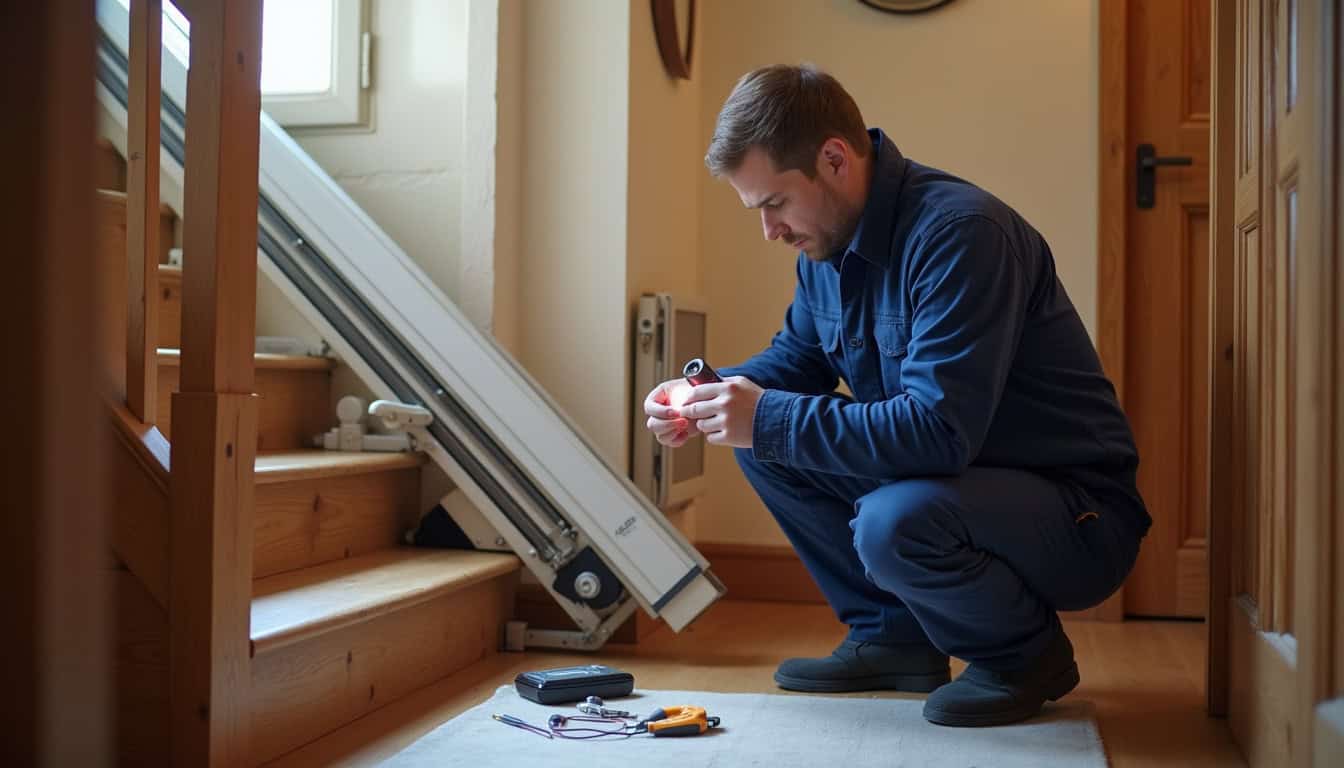 Technicien en train de vérifier un monte-escalier lors d’une visite d’entretien à Moyaux